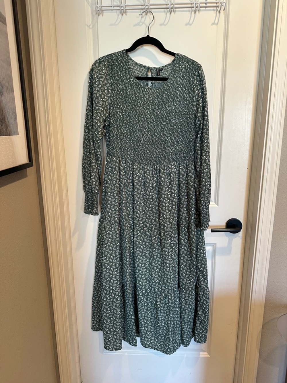 Long Sleeve Green Floral Midi Dress - Smocked Bodice